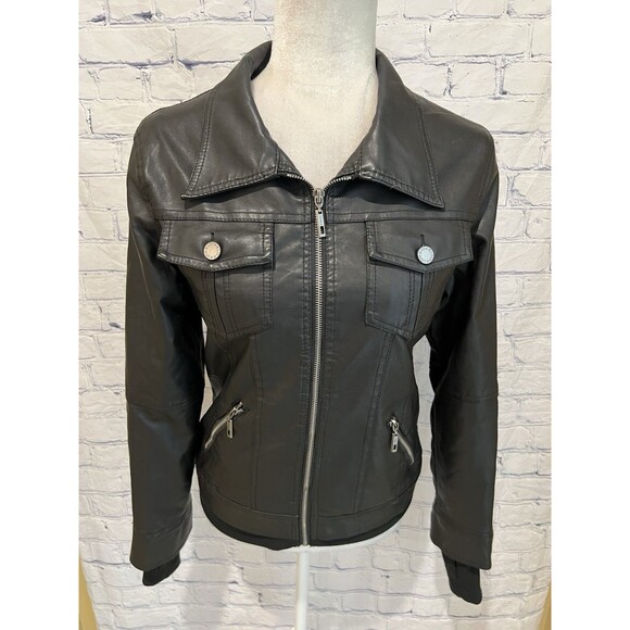Lock & Love Women's Black Faux Leather Jacket Biker Moto size - Picture 1 of 7